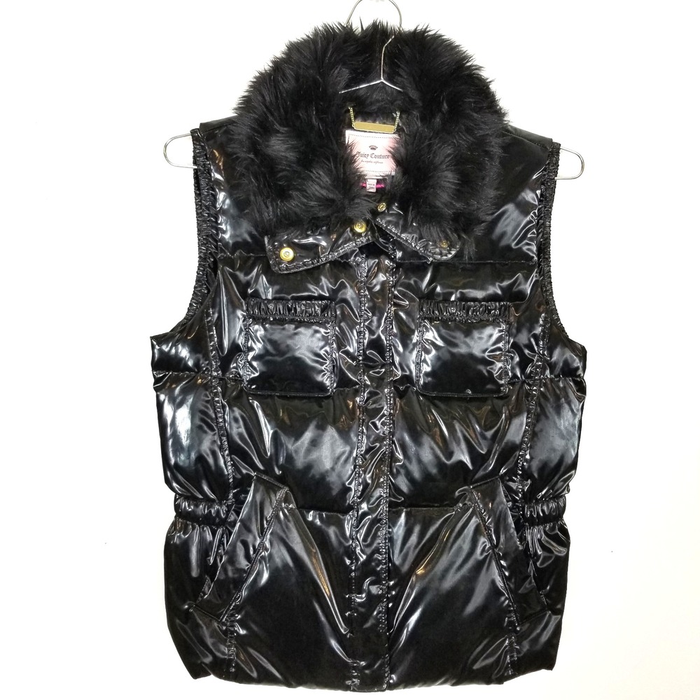 Juicy Couture Womens Faux‎ fur Collar Shine Puffer Vest Sz L Black Zip Up Y2K